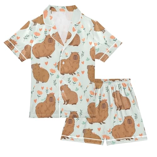 Floral with Cute Capybara Summer Satin Pajama Set, Cute Button-Down Sleepwear Pj Set for Sleep Wears