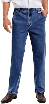 voeeron Mens Elastic Waist Jeans - Relaxed Fit Men's Jeans with Zipper and Button, Medium Washed, 36...