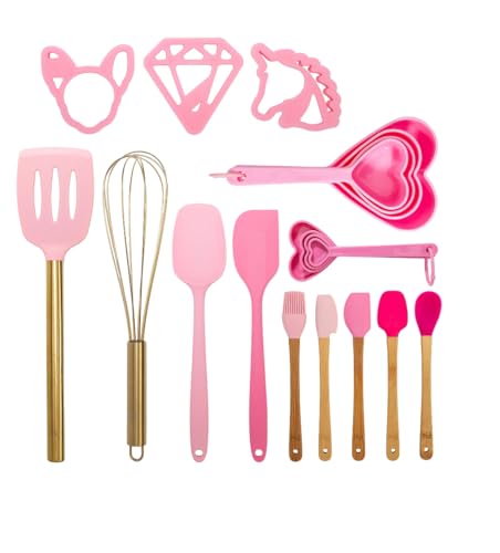 Pink Kitchen Utensil Set with Silicone Tools, 20 Pieces, Heart-Shaped Measuring Cups, Gold Whisk, Spatulas