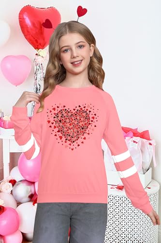 Image of LAZYCHILD Kids Valentine Shirt Girls Valentines Day Shirts Heart Graphic Long Sleeve Striped Tee Tops 5-14 Years