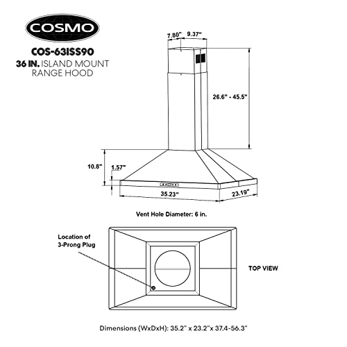 Cosmo Cos-63Iss90 Island Range Hood With 3-Speed Fan, 380 Cfm, Permanent Filters, Led Lights, Soft Touch Controls, Ducted Kitchen Vent Hood Extractor, 36 Inch, Stainless Steel #TOP4