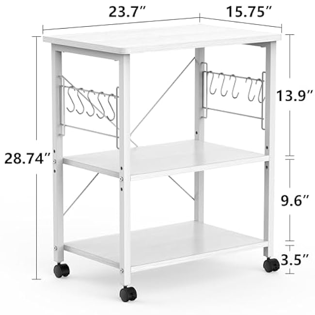 Mr IRONSTONE Microwave Cart 23.7'' for Small Space, 3-Tier Microwave Stand Coffee Cart Rolling Kitchen Utility cart on Wheels, White