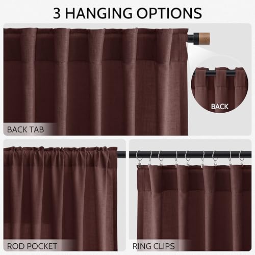 Image of Nanspring Reddish Brown Linen Blend Light Filtering Back Tab Curtains 108 Inches Long, Semi Sheer Privacy Drapes for Living Room & Bedroom, 52x108 inch, 2 Panels