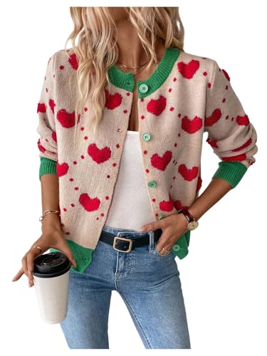 WDIRARA Women's Heart Print Button Down Sweater Long Sleeve Cardigan Color Block Knitted Outerwear