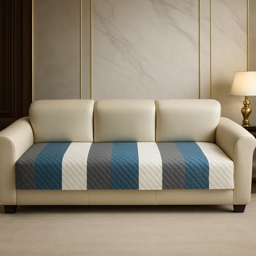 Image of Aqua Stripes Quilted Velvet Sofa Cover 3-Seater - Calming Coastal Feel - Easy Maintenance - Non-Fading Color Seat-Only Protector - Pet and Child Friendly - Couch Cover - Made in India