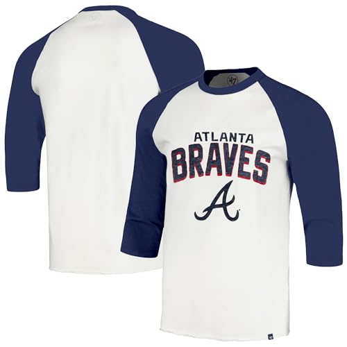 47 Brand MLB Men's Crescent Franklin Raglan Cream Arched Wordmark Primary Logo Baseball 3/4-Sleeve T-Shirt - Atlanta Braves - Cream - Large