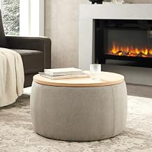 Setawix Round Ottoman with Storage and Linen Upholstery - Circle Coffee Table with Wooden Lid Tray, Multi-Purpose Footrest Light Grey