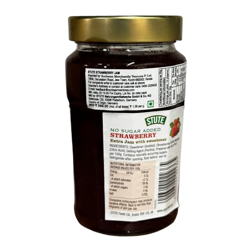 Image of Stute Strawberry Jam 430g, No Sugar Added, 90% Less Sugar & 30% Less Calories, Diabetic Friendly, Imported from UK