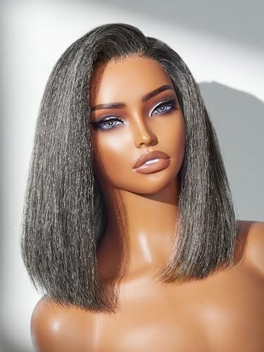 LUVME HAIR 12 Grey Salt & Pepper Bob Wig Blunt Cut Bob Wig Pre Cut Glueless Wigs Glueless Lace Front 12 Inches Bob Pre Cut Plucked Hd Lace Short Wig Ready To Go Natural Color Straight Side Part