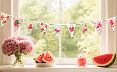 Image of Watermelon Summer Pennant Banner, 12 Pastel Watercolor Triangle Flags, Fabric Hanging Garland with Black Rope, Ready to Hang for Summer Party, Birthday, BBQ, Picnic, Baby Shower, Pool Party Decor