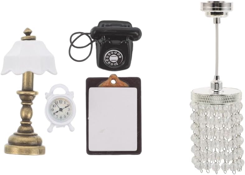 TOYANDONA 1:12 Scale Dollhouse Decor Set - Vintage Beaded Ceiling Chandelier + Mini Desk Lamp/Phone/Alarm Clock Accessories