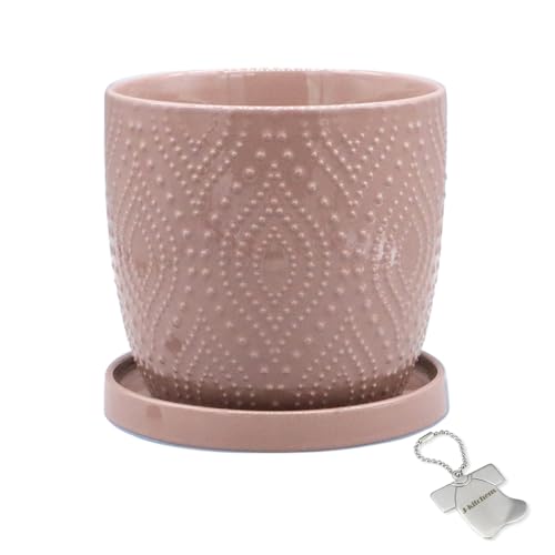 J-kitchens Select 花瓶 陶器 植木鉢 葉紋 デザイン ポット ピンク L Φ15.5xH14.5cm オリジナルタグ付