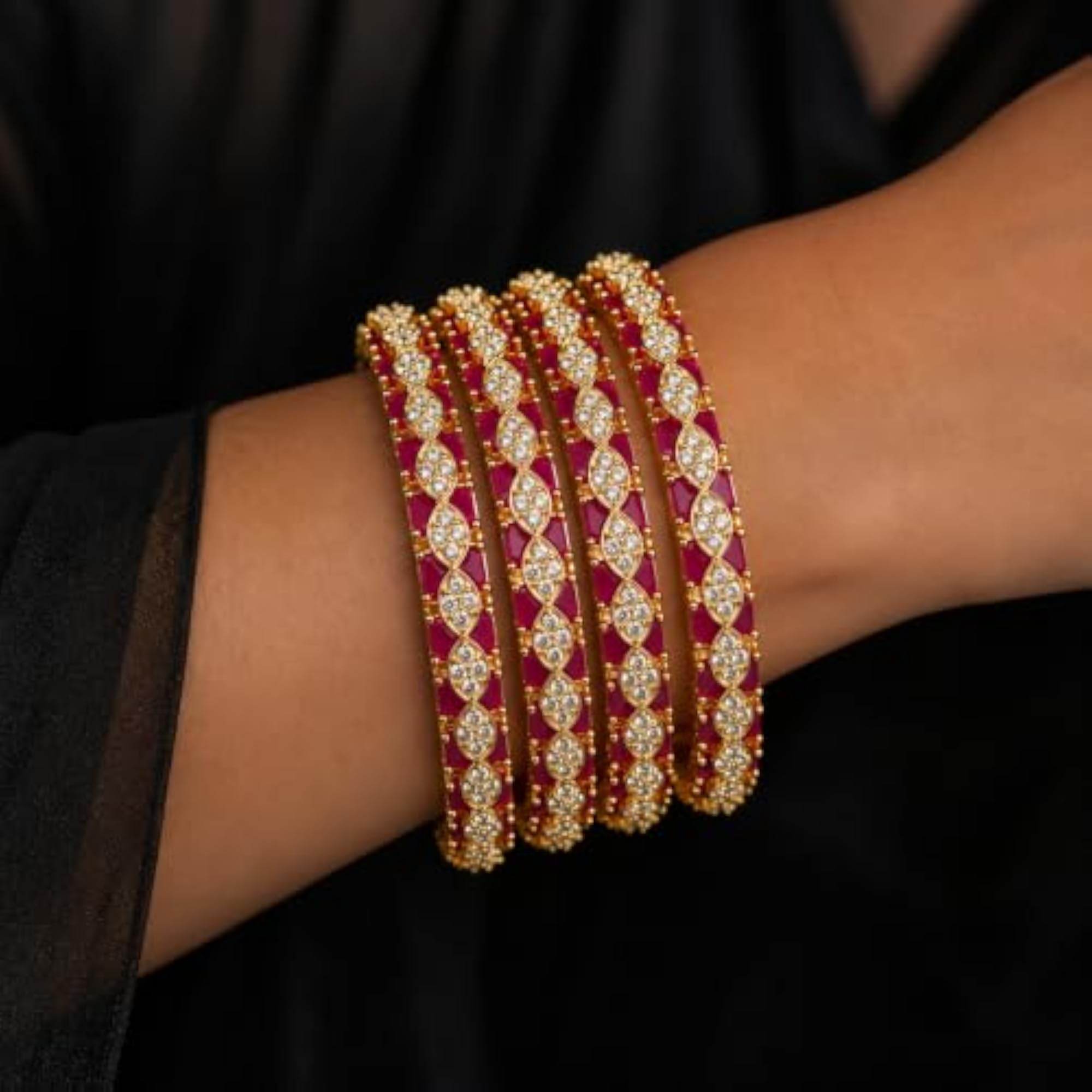 Traditional Ruby Royale Gold American Diamond Designer Bangles Set, Pack of 4