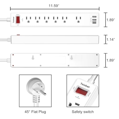 Image of 6Ft Extension Cord Power Strip Surge Protector - Teiobar 6 AC Outlets and 3 USB Ports for Home, Office, Dorm Essentials, 1680 Joules, ETL Listed, White