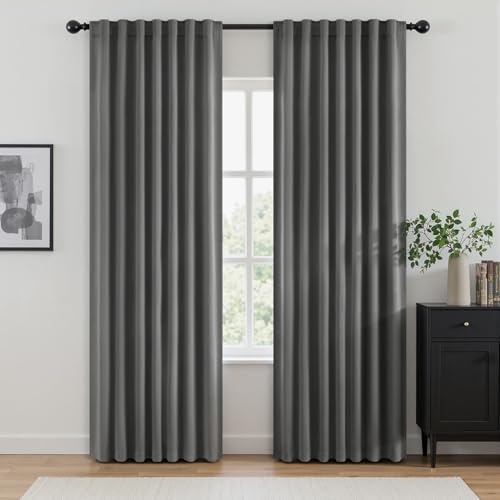 Image of ANRODUO Grey Back Tab Blackout Curtains 92 Inch Long 2 Panels