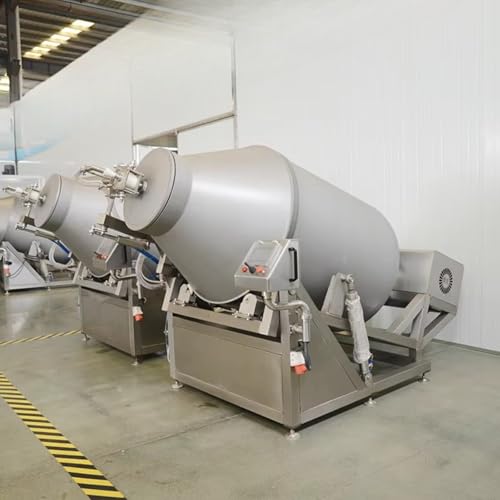 Meat curing tumbler in food processing using vacuum and speed control for efficient curing
