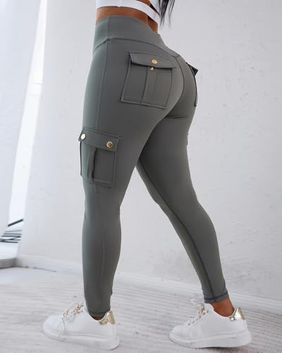 Butt Lifting Leggings with Flap Pockets High Waist Tummy Control Workout Cargo Pants, Gray, Small