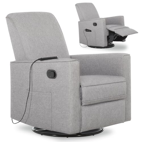 Image of Evolur Raleigh Glider with Massager in Charcoal, Upholstered Plush Seating 360 Swivel Glider Rocking Chair, FSC Certified, Greenguard Gold & JPMA Certified Nursery Glider Recliner