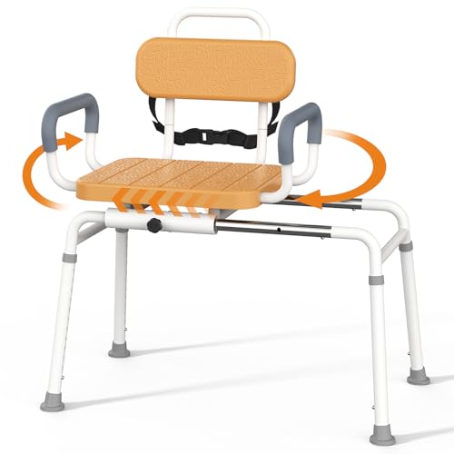 Loyoda Sliding Shower Chair Swivel Tub Transfer Bench Rotating Transfer Bench with Slide-in Design Adjustable Height Wood Brown Bath Seat for Seniors Disabled 350 lbs