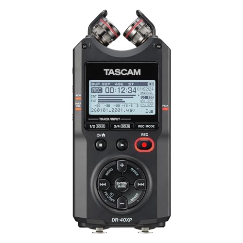 TASCAM DR-40XP 4-Channel 32-Bit Float Portable Handheld Field Recorder and USB-C Audio Interface — With 2 XLR/TRS Inputs and Adjustable Mics for Music, Audio for Video and Interviews