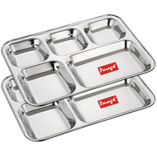 Image of Parage 2 Pieces Stainless Steel 5- Compartment Thali Set /Dinnerware /Dinner Plate Set / 5 in 1 Partition Plates /Kitchenware for Home, Restaurants, Family Use, Bhojan Thali (Silver)