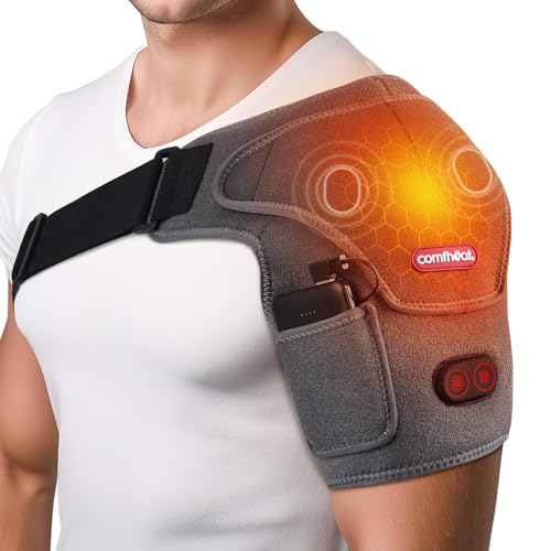 comfheat Cordless Shoulder Heating Pad with Vibration Massage for Frozen Shoulder Rotator Cuff Pain Relief, Rechargeable Heated Shoulder Wrap Brace Support for Men & Women, Easy Wear Design