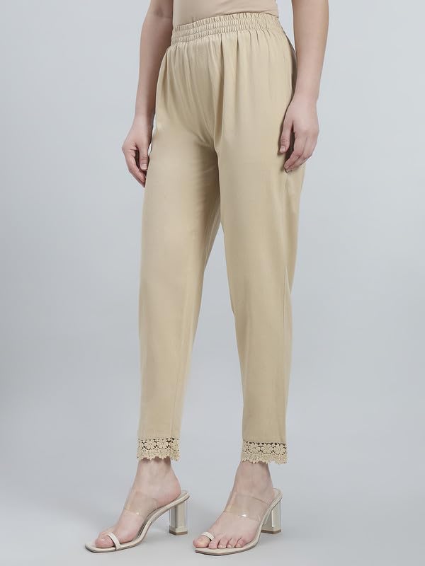 Image of GO COLORS Soft Cotton Lace Pencil Pant Full Length for Women| Mid-Rise, Breathable