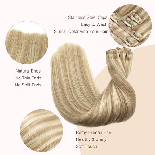 Image of GOO GOO Clip in Hair Extensions Real Human Hair, Remy Human Hair Extensions Clip ins for Women, Natural Human Hair, 16inch 110g 7Pcs, 18A /613A Dark Blonde Highlighted Bleach Blonde