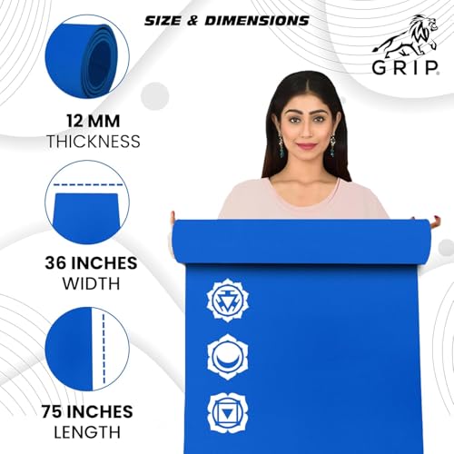 Image of GRIP Yoga Mat 12mm Thick (36 x 75 Inches) 7 Chakras Design | Extra Wide Anti-Slip Exercise Mat for Home, Gym, Yoga, Pilates & Workout | Men & Women | Blue Color