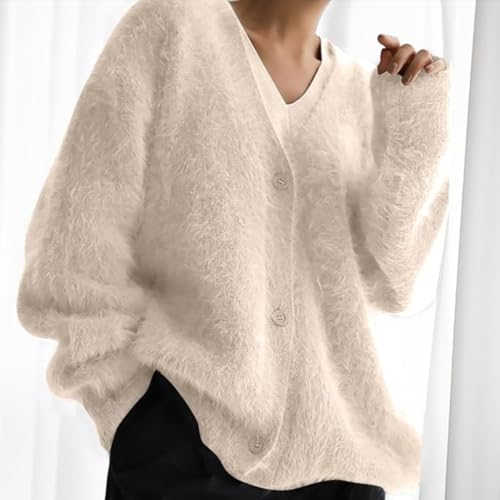 Image of Womens Fuzzy Sweaters Cardigan V-Neck Button Down Oversized Mohair Sweater Casual Y2k 2026 Fall Winter