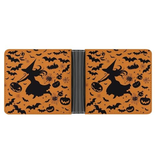 Men's Leather Wallet Bifold Wallet for Men Halloween Witch Flying Slim Wallet with Multiple Card Classic Passcase Mens Card Holder
