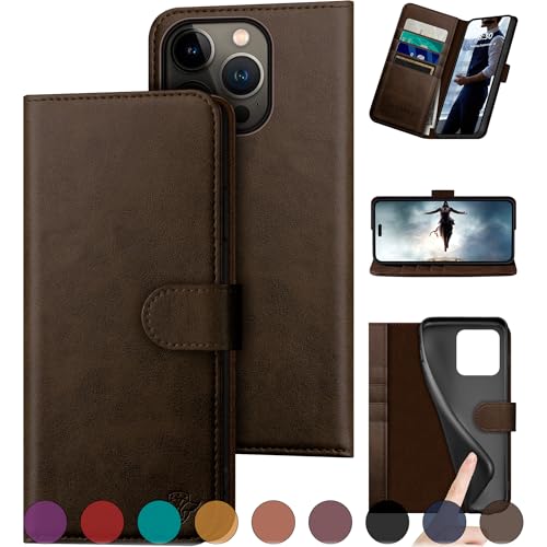 DuckSky Compatible with iPhone 16 Pro Max 6.9' Genuine Leather Wallet case【RFID Blocking】【4 Credit Card Holder】【Real Leather】 Flip Phone case Cover Women Men for Apple 16 ProMax case Brown