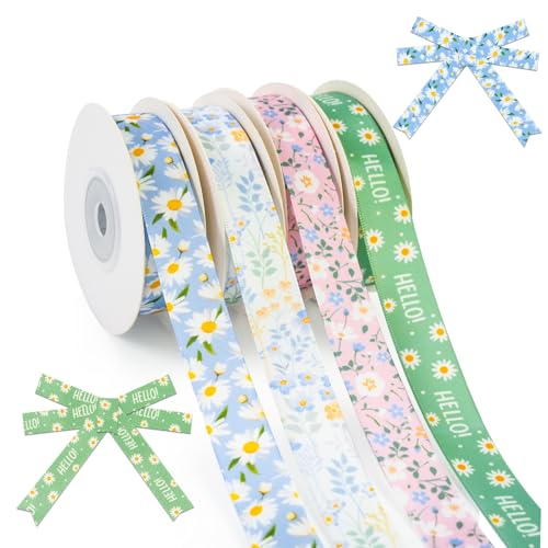 Spring Ribbon 5/8 Inch 40 Yards Total Floral Ribbon Set 4 Rolls of 10 Yards Each Fabric Ribbons for Crafts Spring Bows for Wreaths Wreath Making Supplies Wildflower Wreath Decor