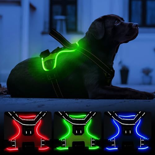 MASBRILL Light Up Dog Harness – Led No Pull Dog Harness Rechargeable Lighted Dog Harness for Night Walking Adjustable Illuminated and Reflective Vest for Small Medium Large Dogs