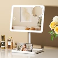 FASCINATE Groß Wiederaufladbar Schminkspiegel mit Beleuchtung, 1fach/10fach Vergrößerungsspiegel, Dimmbarer Tischspiegel mit Licht, 360° Drehbar Kosmetikspiegel mit Beleuchtung (Schneeweiß)