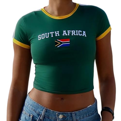 Vintage Graphic Baby Tees for Women Y2k Jersey Crop Top Summer Going Out Streetwear Shirts 2000s Embroidery Tops (Green South Africa,Small)