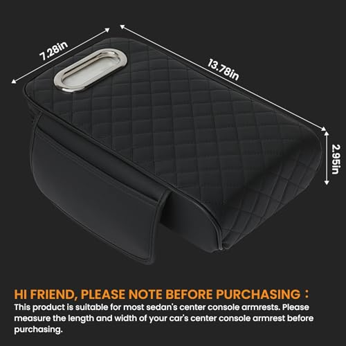 DEPOTA Car Armrest Cushion Arm Rest Cover for Car Leather Car Center Console Cover with 2 Storage Pockets, Armrest Cover for Car Armrest Seat Box Cover Protector (Black)