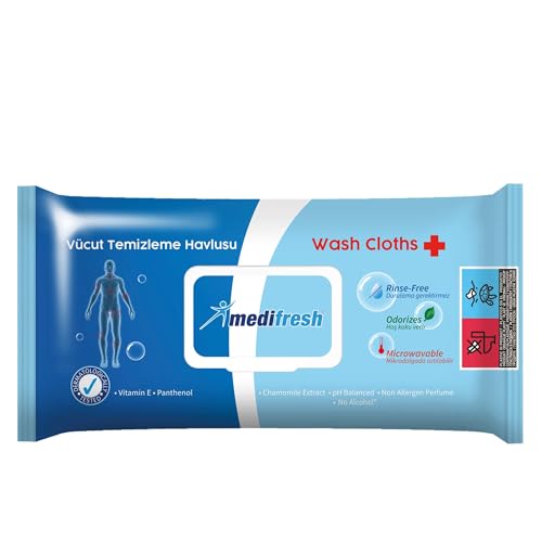 Medifresh Lingettes Humides pour Adultes, Sans Rinçage, Chauffables au Micro-ondes avec Extrait de Camomille et Vitamine E Grandes Lingettes (60 Unidad (Paquete de 1))