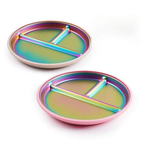 Coinicxcel Stainless Steel Kids Plates with Suction, 9" BPA-Free Rainbow Toddler Plates 2pcs with Removable Food-Grade Silicone Base, Divided Baby Plates Dishwasher Safe, Pink & White by Coinicxcel - Used condition - US$5.76