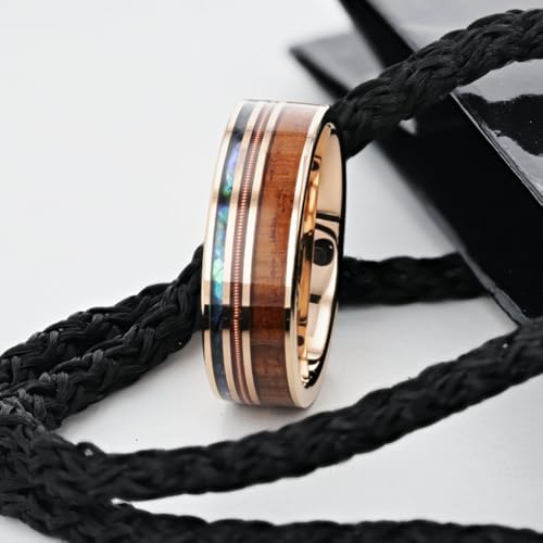 Thorsten Mens Smoked Rose Gold Tungsten Ring with Hawaiian Koa Wood Abalone & Guitar String Wedding Ring - 8mm Wide - Style name: MOANA3