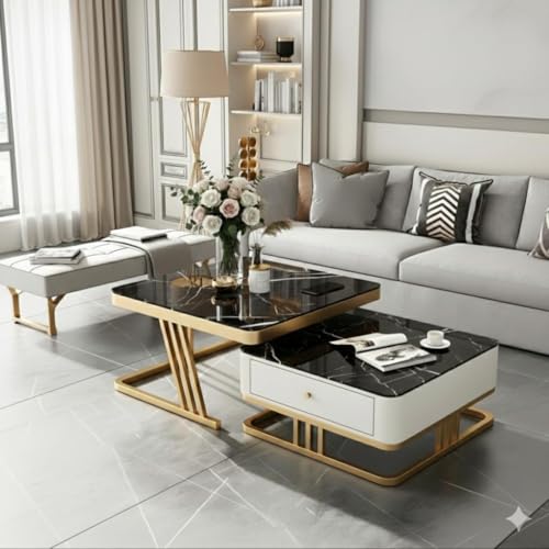 Image of Iron Frame Handmade Drawer Square 20 inchx20 inch Coffee Table Set 2 piece, Nesting Table with Marble Look Center Table Storage Drawer for Living Room /Drawing Room /Balcony (Golden Black White)