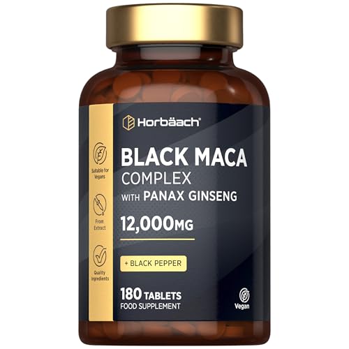 Black Maca Root 12 000mg (High Strength) | Complex with Black Maca Panax Ginseng Yellow Maca & Black Pepper | 180 Vegan Tablets | by Horbaach