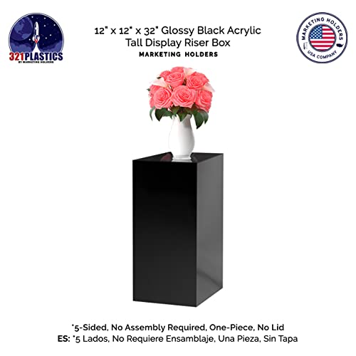 One Piece Acrylic Pedestal Art Stand Glossy Black Display 12" X 12" X 32" High No Assembly Column Lifter Elegant Display Weddings Receptions Celebrations Cube Riser Showcase By Marketing Holders #TOP3