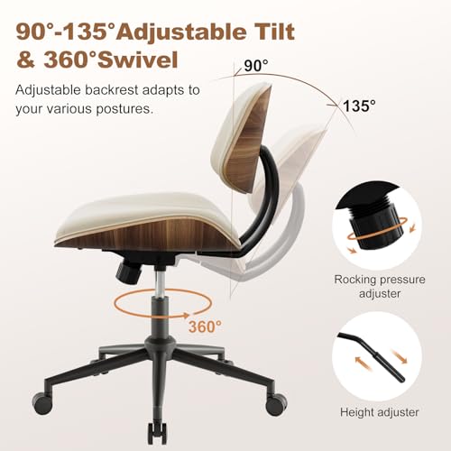 Image of Armless Office Chair with Wheels, PU Leather Adjustable Height Desk Chair - 360 Swivel Ergonomic Computer Chair for Small Space, Modern Walnut Style, Home & Meeting Room, Beige