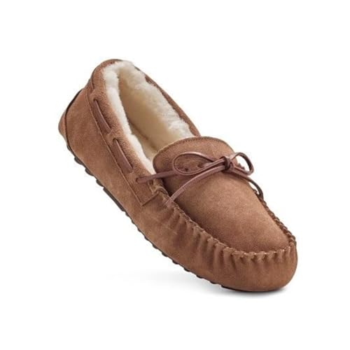 Women Sheepskin Moccasin Slippers – Soft Suede Upper with Plush Sheepskin Lining – Cushioned Footbed and Durable Indoor Sole – Comfortable Indoor and light Outdoor Wear - Chestnut/UK 8