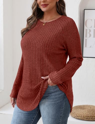 Image of Saloogoe Long Sleeve Shirts for Women 2025 Fall Clothes Tunic Tops Loose Fit Dressy Crewneck Pullover Sweaters Curved Hem