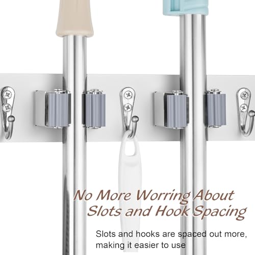 Image of OUTNILI 2 Pack White Mop Broom Holder Wall Mount with 3 Slots & 4 Hooks - Rustic Wood Broom Mop Hanger for Pantry Kitchen Organization - Garden Tool Organizer for Closet Laundry Room