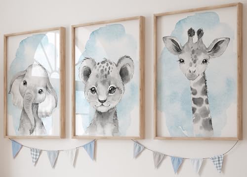 Eviepops Prints - Safari Animals Baby Boys Nursery Set of 3 Unframed Wall Art Prints, Gray and Blue, 17x22