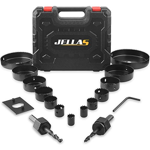 Hole Saw Set, Jellas 19PCS Hole Saw Kit with 13Pcs Saw Blades, Max Size 6(152mm) and Min Size 3/4 (19mm), 2 Mandrels, 1 Installation Plate and 1 Hex Key, Ideal for Soft Wood, PVC Board