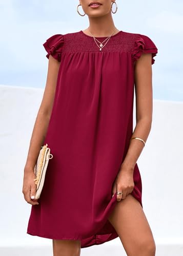 Image of KIRUNDO Wedding Guest Shift Dresses for Women Short Spring Summer Ruffle Cap Sleeve Chiffon Babydoll Flowy Mini Sundress(Jujube Red, Medium)
